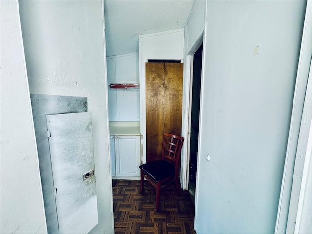 corridor with dark parquet flooring