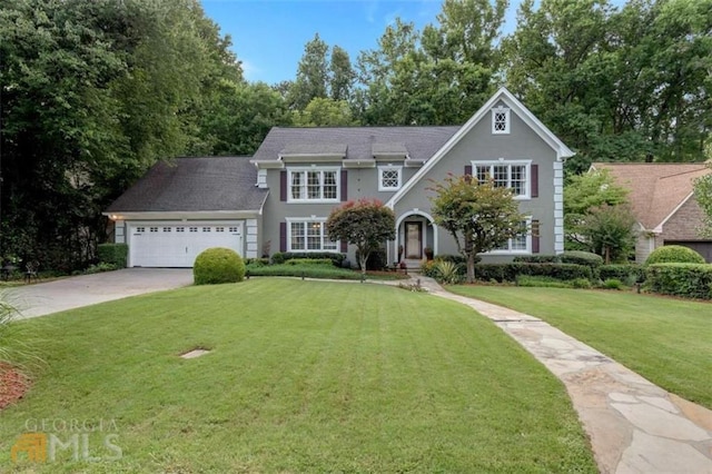 view of front of home with an attached garage, a front lawn, stucco siding, and driveway