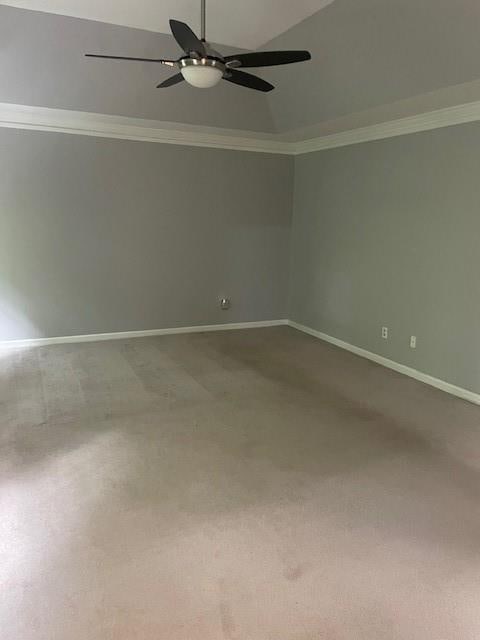 carpeted spare room featuring a ceiling fan, baseboards, and ornamental molding