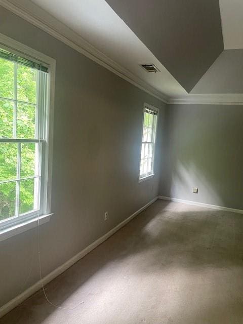 carpeted empty room with a healthy amount of sunlight, baseboards, ornamental molding, and visible vents