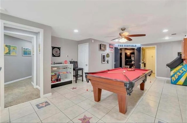 game room featuring recessed lighting, billiards, baseboards, and ceiling fan