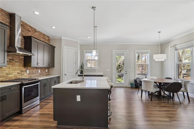 kitchen with a center island with sink, a sink, dark wood-type flooring, wall chimney range hood, and stainless steel gas stove