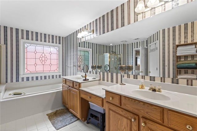 bathroom with tile patterned flooring, a shower stall, wallpapered walls, a bath, and vanity