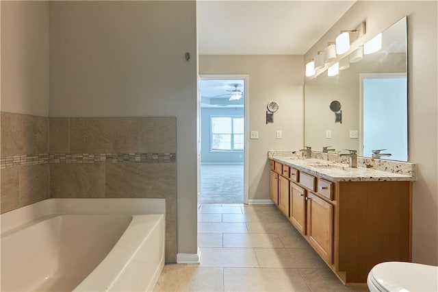 bathroom with ceiling fan, tile patterned flooring, vanity, a bath, and toilet