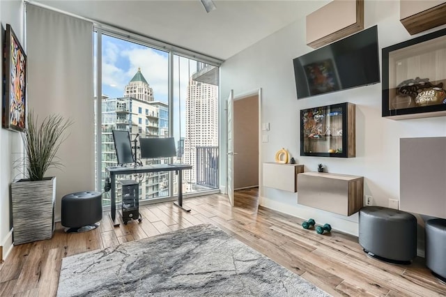 home office with floor to ceiling windows, wood finished floors, and baseboards