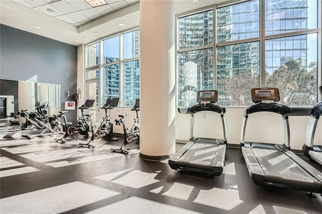 gym featuring a paneled ceiling and a towering ceiling