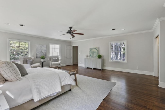 bedroom with dark wood-type flooring, ceiling fan, and ornamental molding