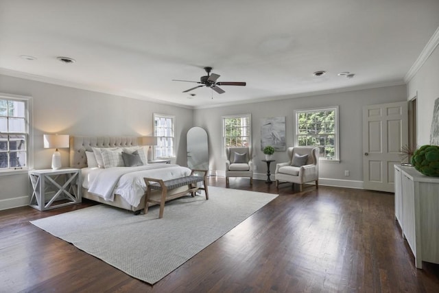 bedroom with ceiling fan, crown molding, and dark hardwood / wood-style floors