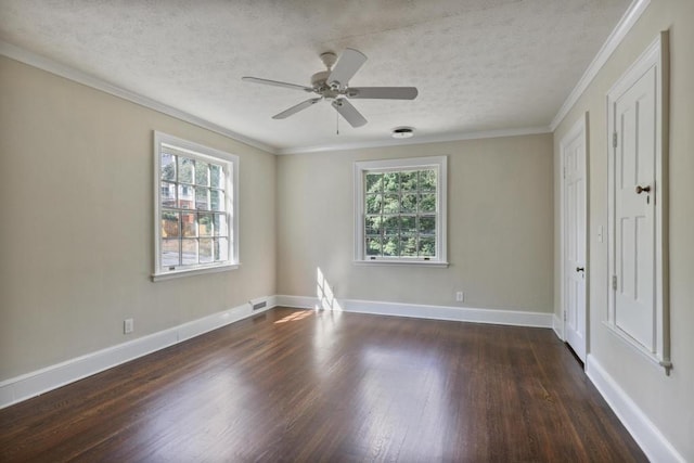 spare room featuring crown molding, dark hardwood / wood-style flooring, ceiling fan, and a textured ceiling