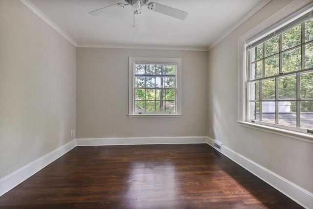 empty room featuring a wealth of natural light, crown molding, and dark wood-type flooring