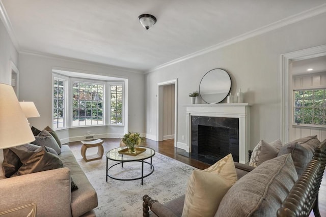 living room with dark hardwood / wood-style flooring, ornamental molding, and a fireplace