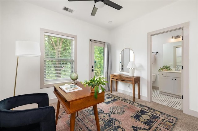 1196 Wylie St SE, Atlanta, GA 30316 - carpeted home office featuring a ceiling fan, baseboards, and a sink