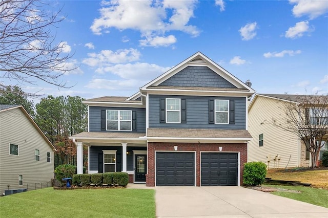 craftsman inspired home featuring a garage, central air condition unit, and a front yard