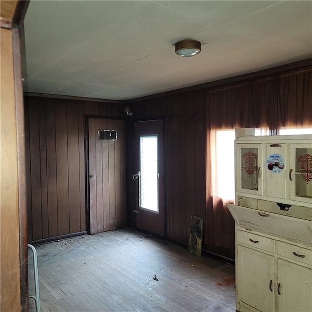 interior space featuring wood walls and light wood-type flooring