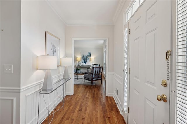 hallway with crown molding and dark wood-type flooring