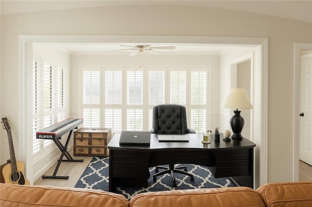 office area with ceiling fan and light wood-style flooring
