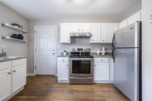 kitchen with stainless steel appliances, dark hardwood / wood-style flooring, and white cabinets