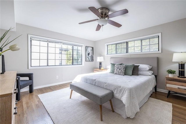 bedroom with ceiling fan and light wood-type flooring