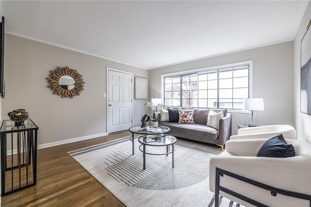 living room with crown molding and dark wood-type flooring