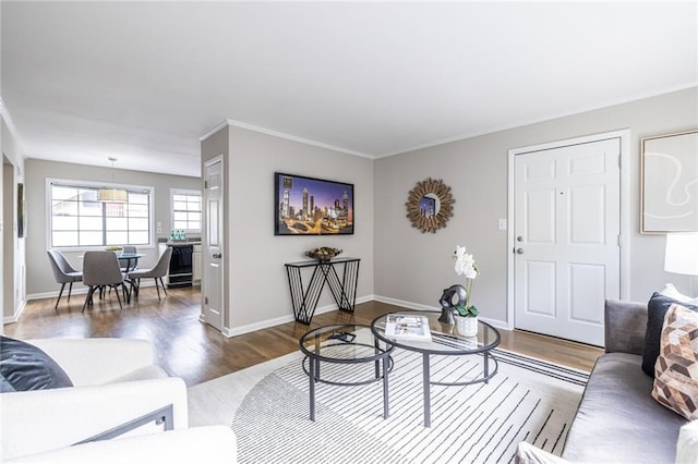 living room with ornamental molding and hardwood / wood-style floors