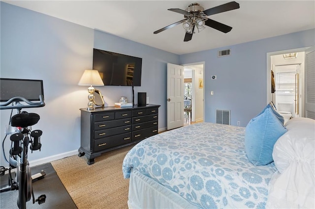 bedroom with visible vents, ceiling fan, and baseboards