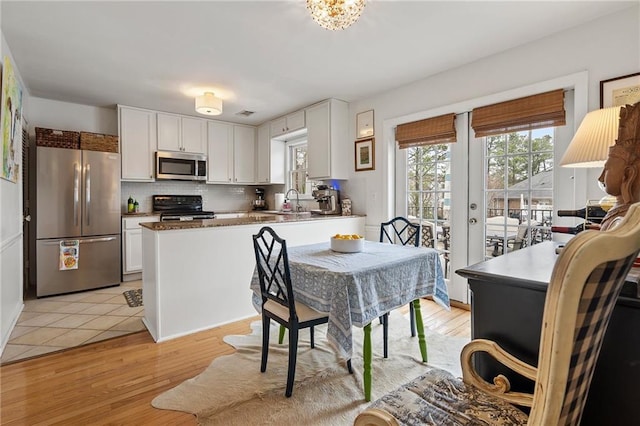 kitchen featuring light wood finished floors, tasteful backsplash, white cabinetry, and stainless steel appliances