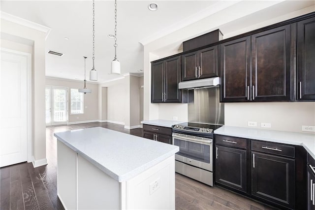 164 Blakemore Dr, Smyrna, GA 30080 - kitchen featuring stainless steel range with electric stovetop, a kitchen island, decorative light fixtures, dark wood finished floors, and dark brown cabinetry