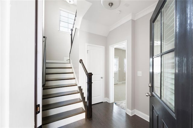 164 Blakemore Dr, Smyrna, GA 30080 - entrance foyer featuring dark wood-style flooring, healthy amount of natural light, crown molding, and stairway