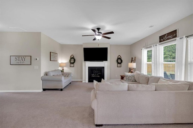 7 Wilmer Way, Cartersville, GA 30120 - carpeted living room featuring ceiling fan and a glass covered fireplace