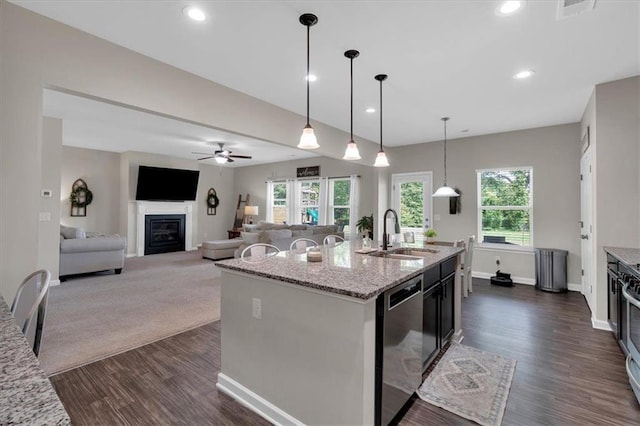 7 Wilmer Way, Cartersville, GA 30120 - kitchen with stainless steel dishwasher, dark wood-style floors, plenty of natural light, light stone countertops, and recessed lighting