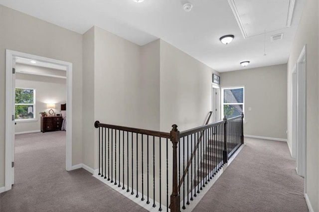 7 Wilmer Way, Cartersville, GA 30120 - corridor featuring attic access, carpet flooring, and an upstairs landing