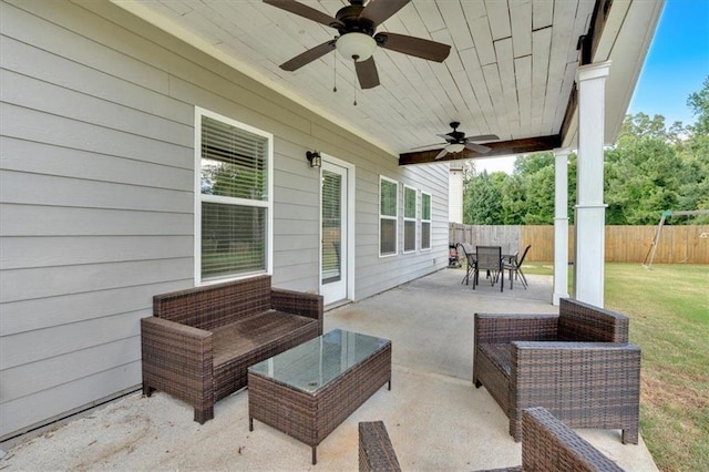 7 Wilmer Way, Cartersville, GA 30120 - fenced backyard with ceiling fan, an outdoor hangout area, a patio area, and outdoor dining space