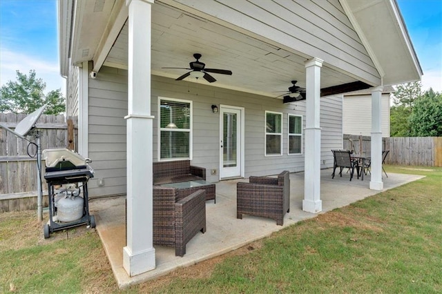 7 Wilmer Way, Cartersville, GA 30120 - fenced backyard featuring grilling area, a ceiling fan, a patio, and an outdoor living space