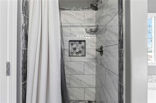 bathroom with a wealth of natural light and a shower stall