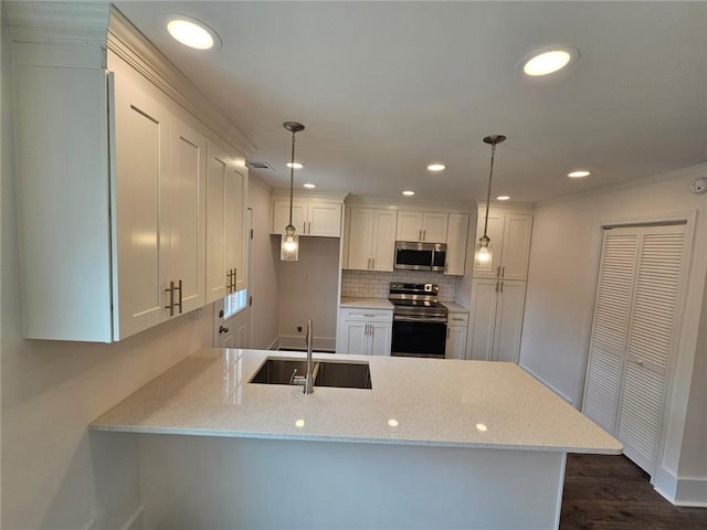 kitchen featuring appliances with stainless steel finishes, white cabinets, sink, kitchen peninsula, and dark hardwood / wood-style floors