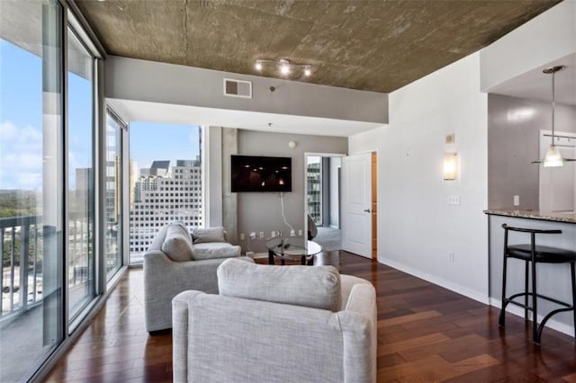 living room with a wall of windows, dark hardwood / wood-style floors, and plenty of natural light