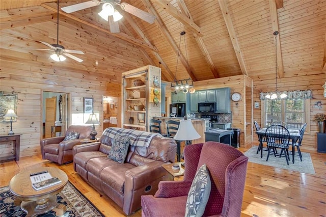 living room with light hardwood / wood-style flooring, beamed ceiling, high vaulted ceiling, wooden walls, and wood ceiling