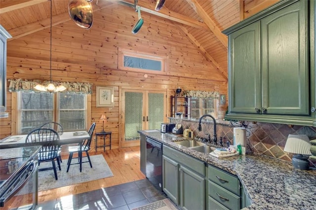 kitchen featuring wood ceiling, high vaulted ceiling, black dishwasher, hanging light fixtures, and green cabinets