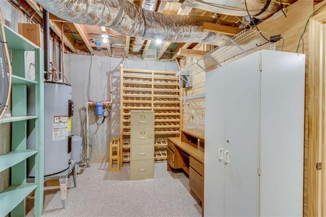 basement with carpet floors and water heater