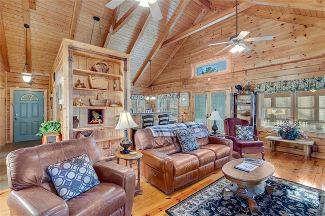 living room featuring wooden walls, beam ceiling, high vaulted ceiling, light hardwood / wood-style flooring, and wooden ceiling