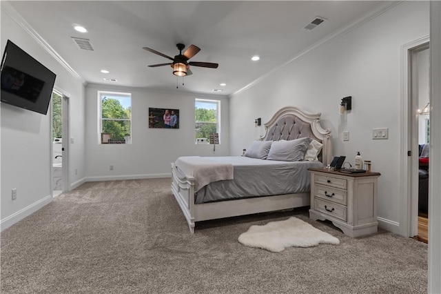 bedroom featuring ceiling fan, carpet floors, ornamental molding, and multiple windows