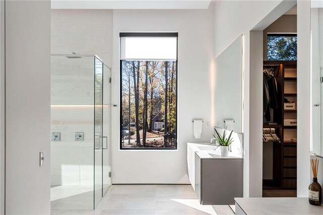 full bathroom featuring a stall shower, a walk in closet, and vanity