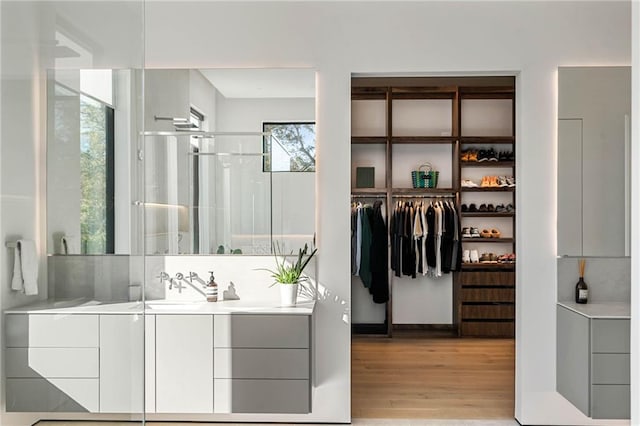 full bath featuring a shower stall, a walk in closet, wood finished floors, and vanity