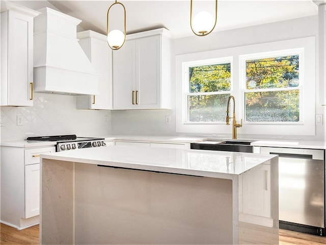 kitchen featuring stainless steel dishwasher, premium range hood, white cabinetry, and a sink