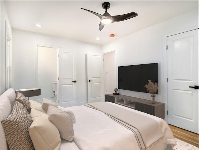 bedroom with recessed lighting, a ceiling fan, and light wood finished floors