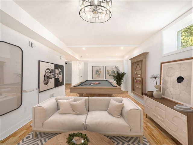 living area featuring light wood finished floors, visible vents, pool table, baseboards, and recessed lighting