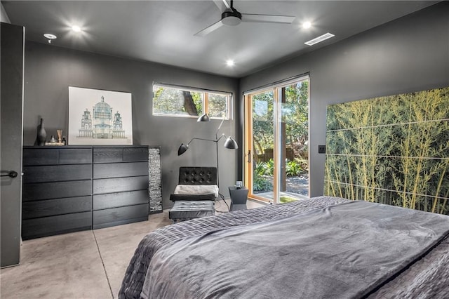 bedroom with access to exterior and ceiling fan