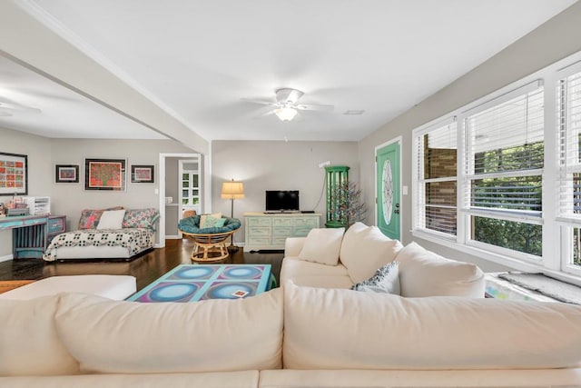 5400 Francis Ave, Stone Mountain, GA 30087 - living room featuring a ceiling fan, wood finished floors, and baseboards