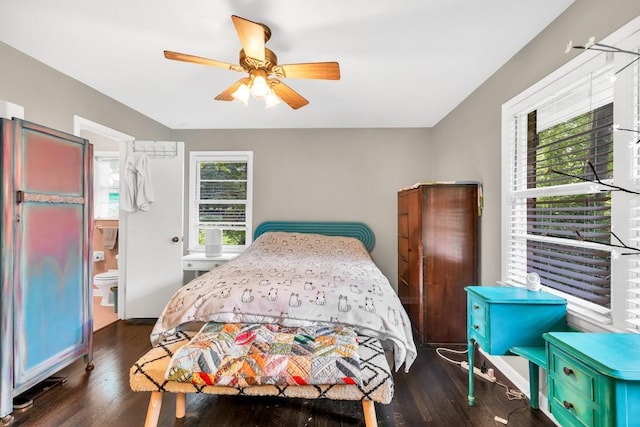 5400 Francis Ave, Stone Mountain, GA 30087 - bedroom featuring wood finished floors, a ceiling fan, and ensuite bathroom