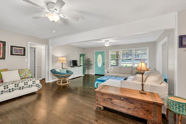 5400 Francis Ave, Stone Mountain, GA 30087 - living area featuring a ceiling fan, wood finished floors, and baseboards